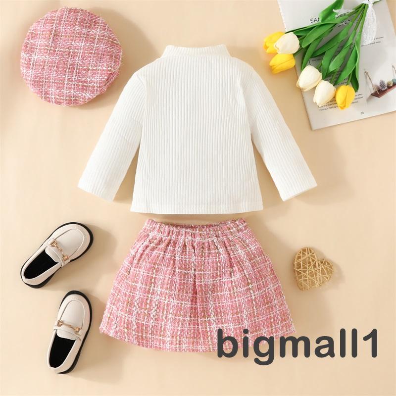 Set Đồ 3 Món Gồm Áo Tay Dài Màu Trơn + Váy + Mũ beret Họa Tiết Sọc Caro Cho Bé Gái 6 Tháng-3 Tuổi