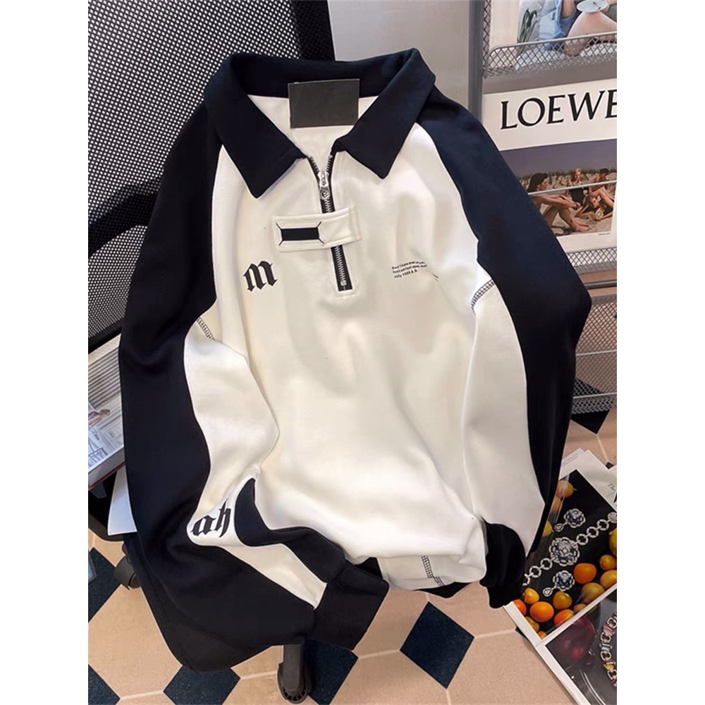 Áo nỉ sweater polo cho nam và nữ , phối màu đen trắng thêu chữ M kiểu dáng unisex 2023 EA096 Meme