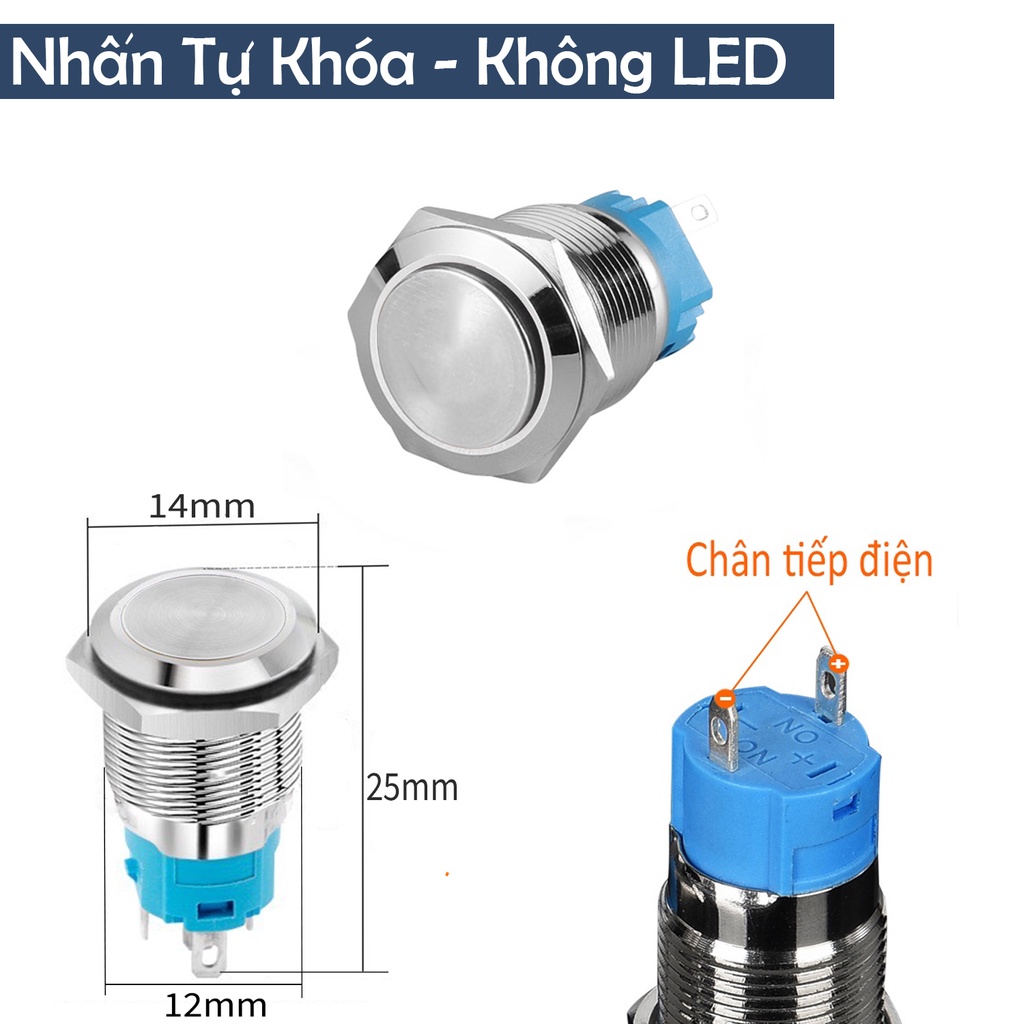 Công tắc đèn xe máy, ô tô Inox 12mm, Loại nút nhấn giữ trạng thái Tự khóa 5V - 24V