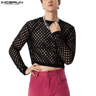 Incerun áo thun tay dài phối lưới thời trang vintage cho nam