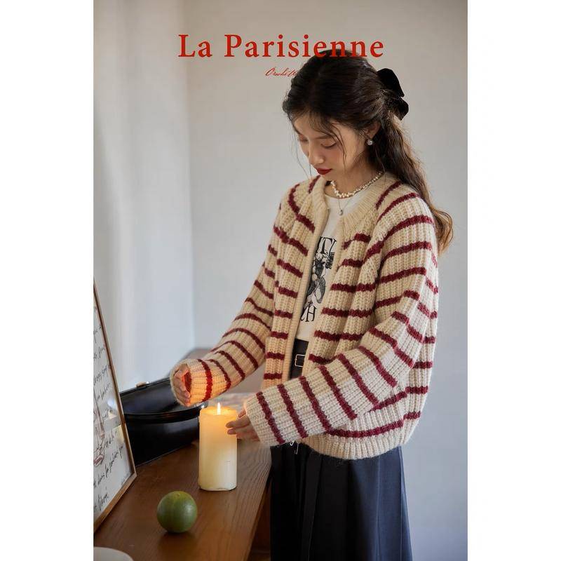 Áo Khoác cardigan Dệt Kim Họa Tiết Kẻ Sọc Màu Sắc Tương Phản Thời Trang Thu Đông Cho Nữ