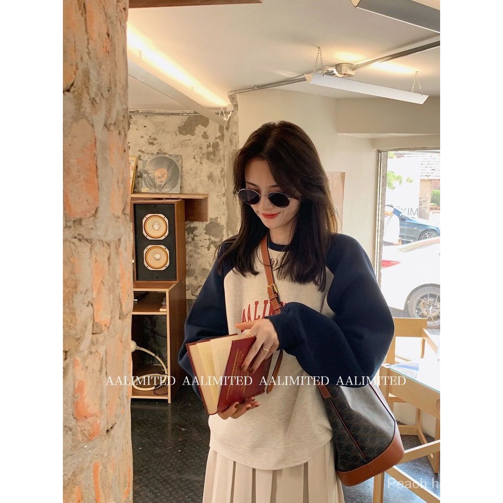 Top Áo sweatshirt Chui Đầu Dáng Rộng Tay Dài Có Mũ Trùm Không Viền aliti Phong Cách Mỹ Cho Nữ Sinh