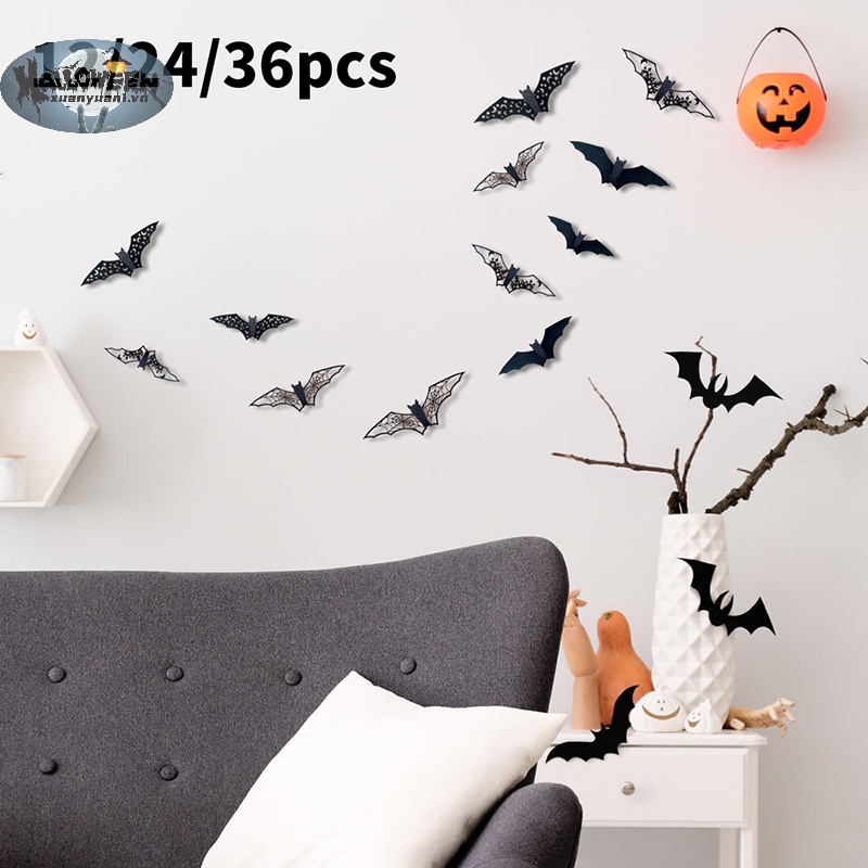 Set 12 / 24 / 36 sticker Dán Tường Hình Dơi 3d Trang Trí halloween