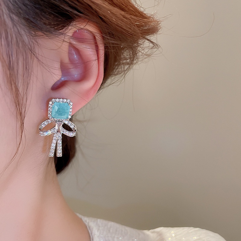 Bông Tai Mạ Bạc 925 Hình Nơ Đính Đá zircon Sang Trọng Phong Cách Hàn Quốc