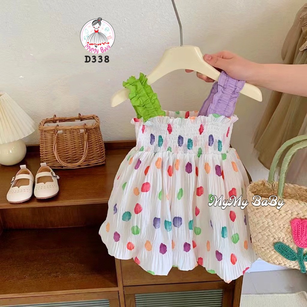 Đầm 2 dây tay xanh và tím chấm bi sắc màu from bí 2 lớp [MyMyBaBy D338]