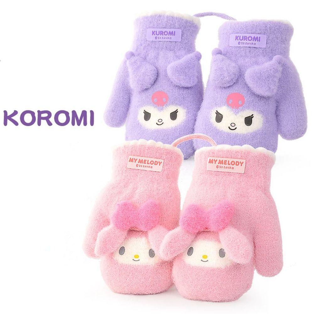 Daniels Găng Tay Dệt Kim Vải Lông Ấm Áp Chống Gió Họa Tiết Hoạt Hình Dễ Thương Có Dây Treo mymelody Kuromi Cho Bé
