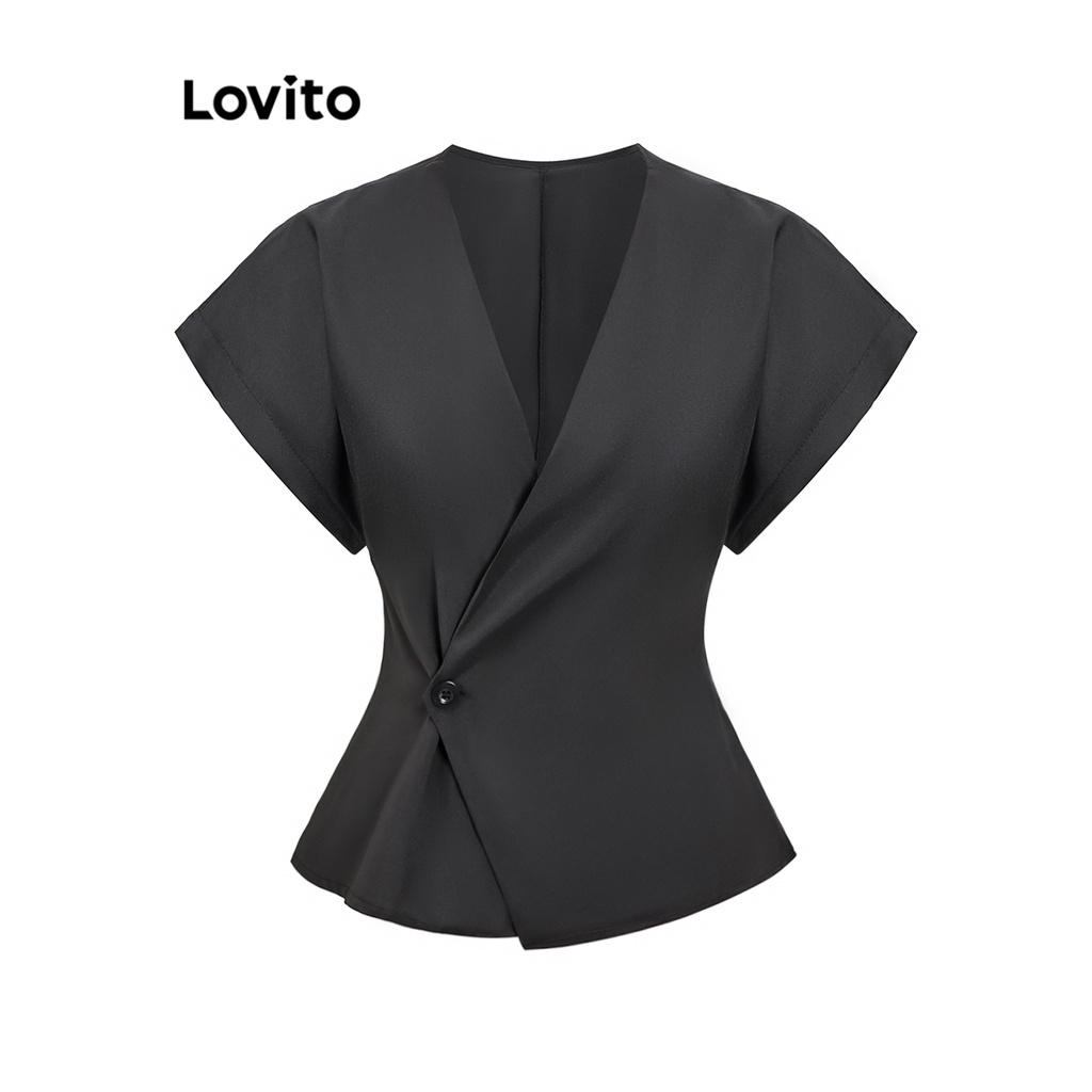 Áo Lovito cộc tay cài nút tôn dáng màu trơn thanh lịch cho nữ L65ED053 (màu đen)