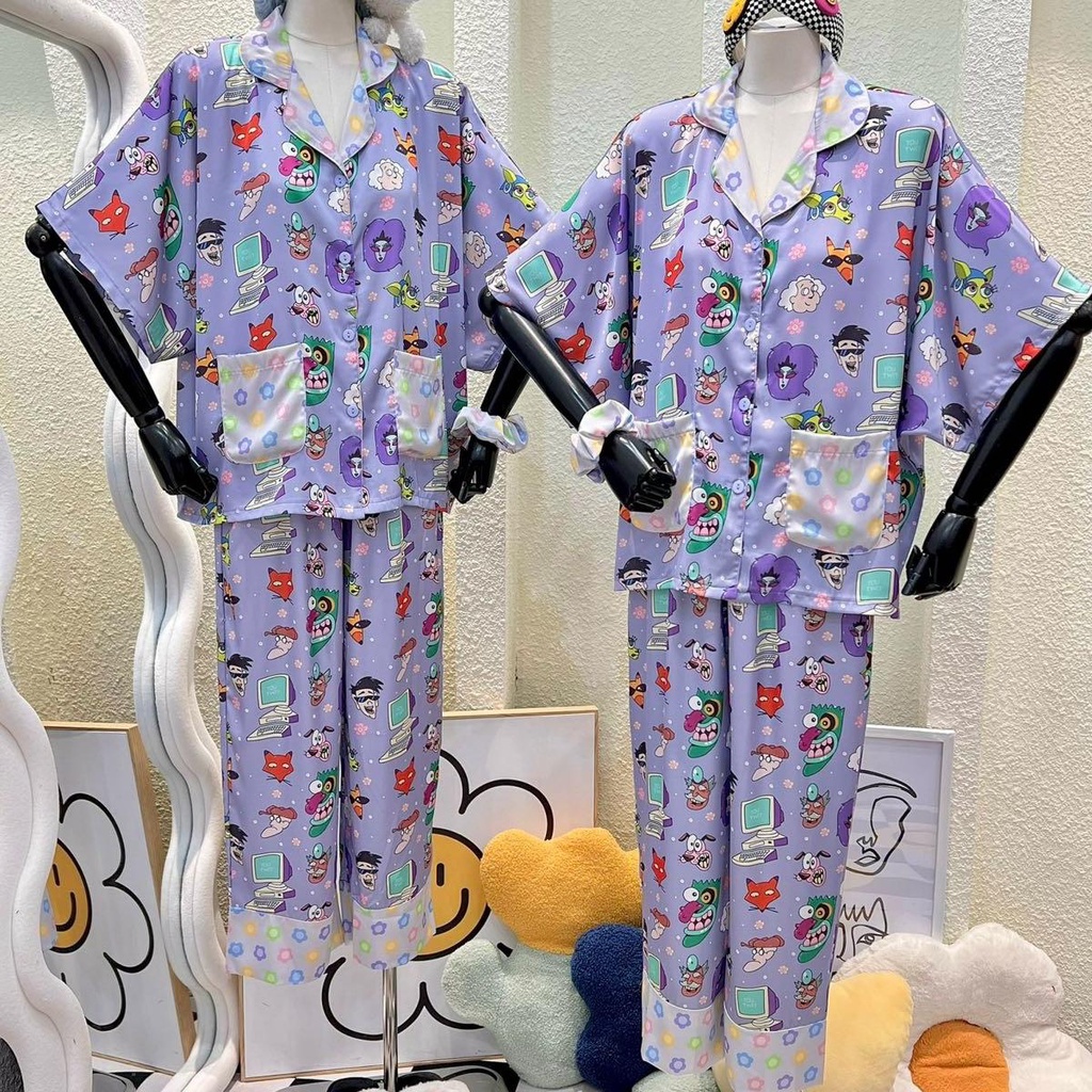 Bộ Pijama Monybear quần dài , áo tay dơi in hình chú chó nhút nhát nền tím phối túi kèm cột tóc - HN1588