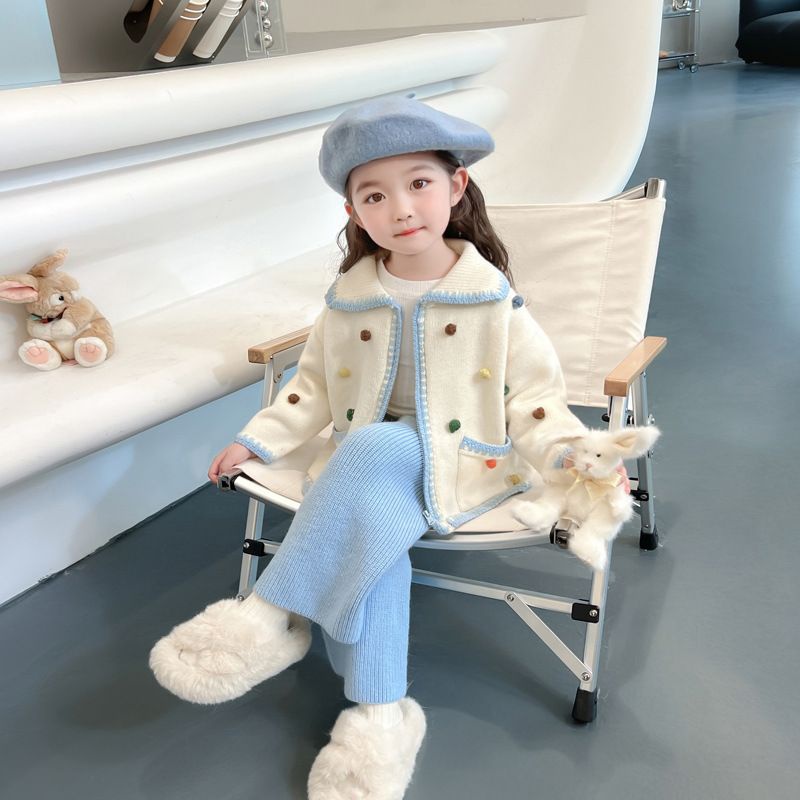 Áo Sweater Dệt Kim Phối Bóng Lông Nhỏ Dễ Thương Thời Trang Thu Đông Cho Bé Gái