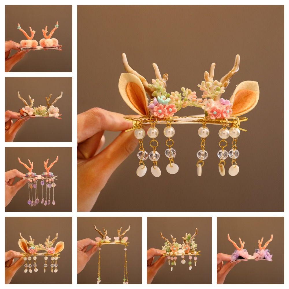 Moocho1 Kẹp Tóc Tua Rua Hình Sừng Hươu Hoa Phong Cách Cổ Điển Cho Bé Gái
