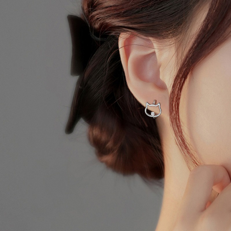 We flower Bông Tai Mạ Bạc 925 Hình Mèo / Cá Đính Đá Thời Trang Hàn Quốc Cho Nữ