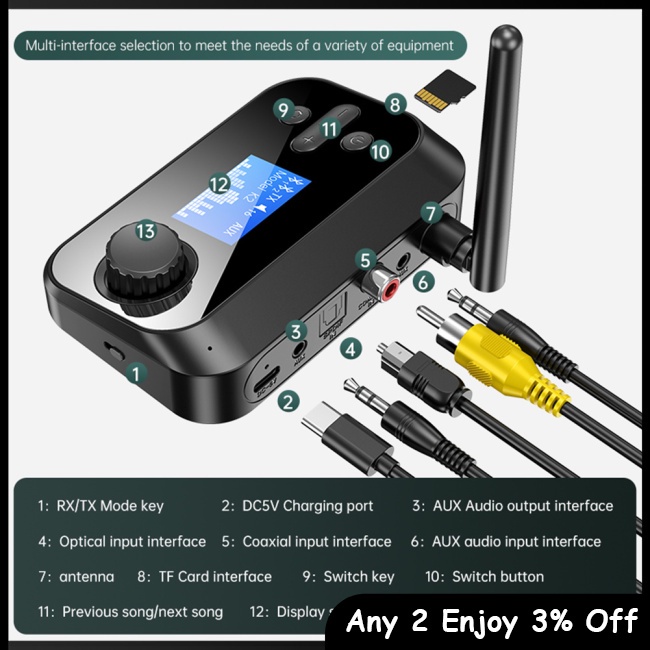 Zevaret Cáp Chuyển Đổi Âm Thanh aux bluetooth 5.0 Có Màn Hình 3.5mm