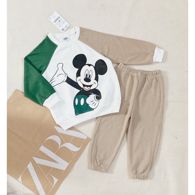 ✨MALINHKID✨N049- Bộ thun phối xanh nâu chuột cổ tròn trẻ em VNXK