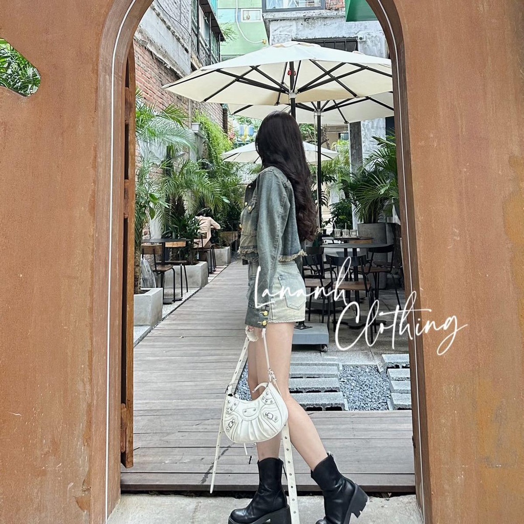 Áo khoác jean croptop QC phối rách màu xanh rêu - 77010 Ảnh thật shop chụp