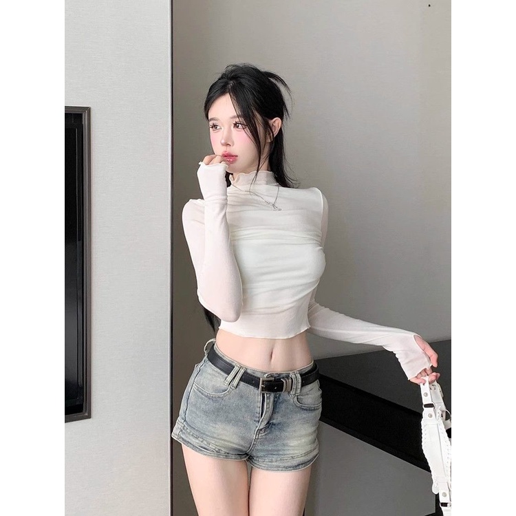 Áo Thun Tay Dài Cổ Cao Ôm Dáng Phong Cách Mỹ Thời Trang Mùa Thu Cho Nữ