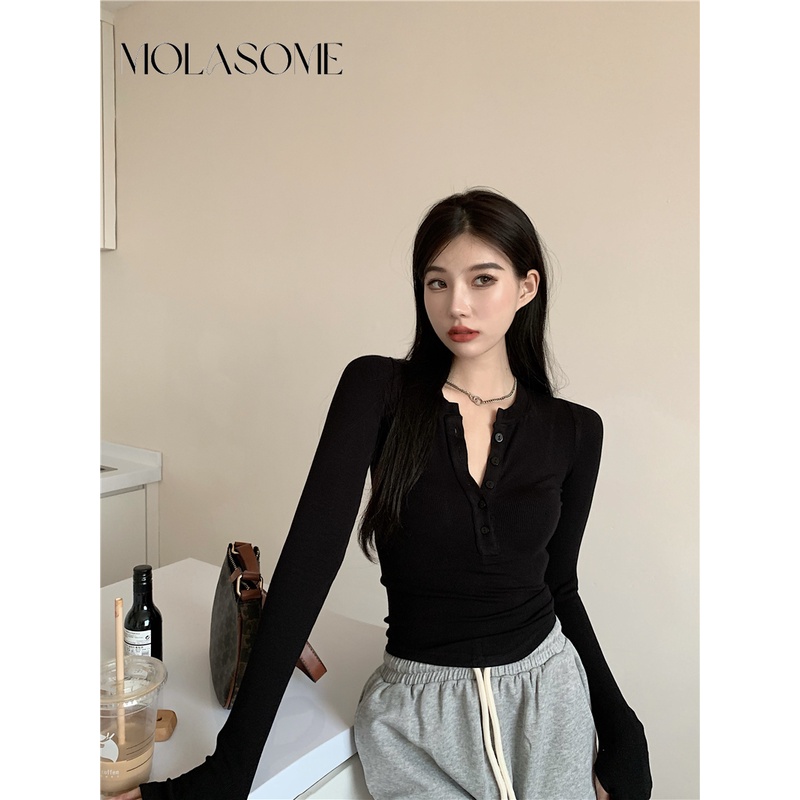 Polaroisome Áo Thun Tay Dài Cổ Chữ v Màu Trơn Ôm Dáng Thời Trang 2023 Cho Nữ