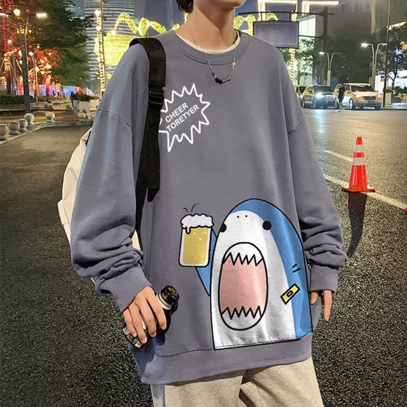 Áo sweater nam bigsize M-8XLÁo Sweater cotton Nhung Dày Tay Dài Cổ Tròn In Hình Cá Mập Hoạt Hình Phong Cách Mỹ Thời Trang Mùa Thu Cho Nam