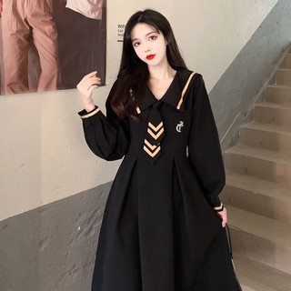 Plus Đầm Tay Dài Cổ Thủy Thủ Phong Cách vintage Thời Trang Mùa Thu Cho Nữ