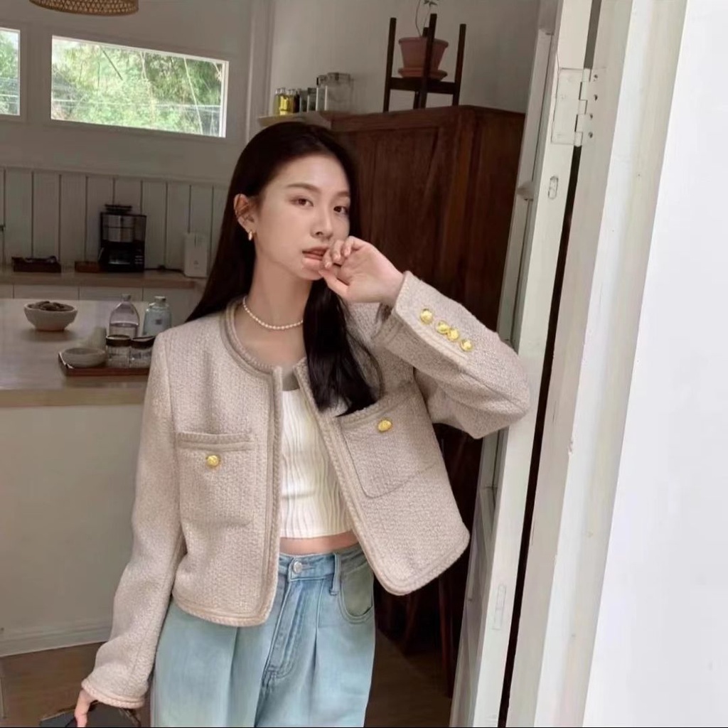 Áo Khoác Vải tweed Cổ Tròn Dáng Rộng Màu Hồng Phối Bèo Phong Cách Pháp Thời Trang Mùa Thu Cho Nữ