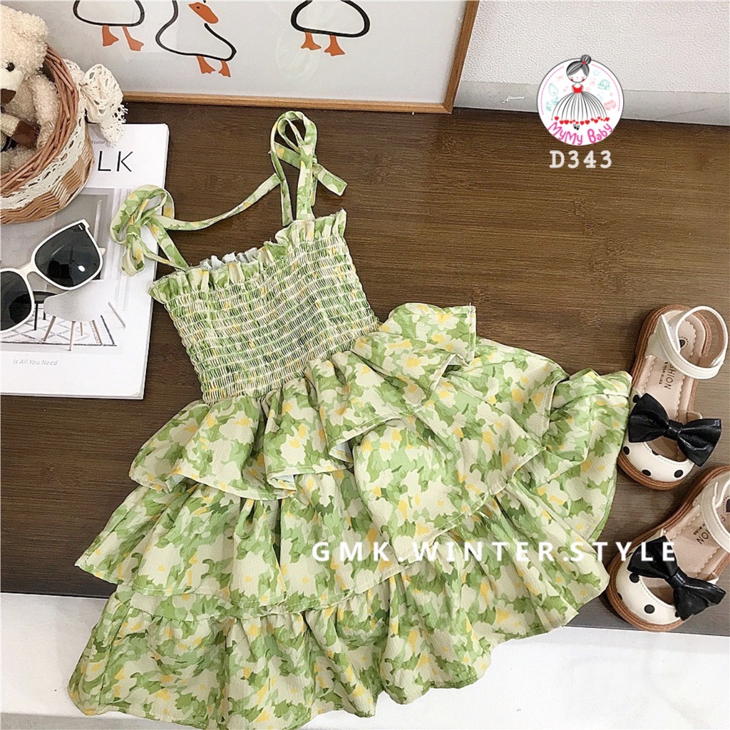 Đầm 2 dây tầng hoa xanh lá vàng phần trên bo ôm