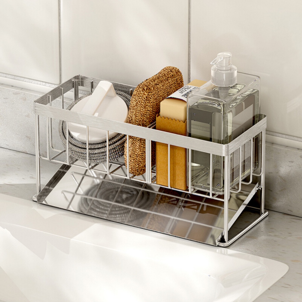 Kệ Đựng Đồ Rửa Chén Bát Inox 304 Chia Ngăn Khay Giá Để Đồ Nhà Tắm Nhà Bếp Kèm Đĩa Thoát Nước Tện Lợi