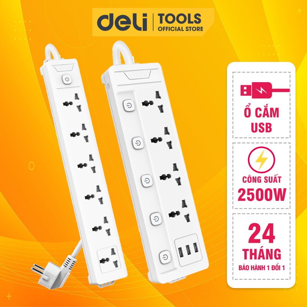Ổ Cắm Điện Tích Hợp Cổng USB Đa Năng Deli 2-6 Lỗ Cắm Đầu 3 Công Suất 2500W Dây 2-5M An Toàn, Chống Cháy Nổ