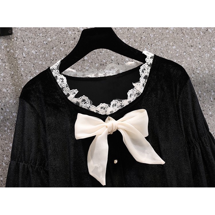 🌸Hàng Order🌸Váy Bigsize Nhung Đính Nơ Cổ Ren Đính Cúc Ngọc Phối  Váy Voan Tiểu Thư Nữ Tính🌸Hàng Quảng Châu