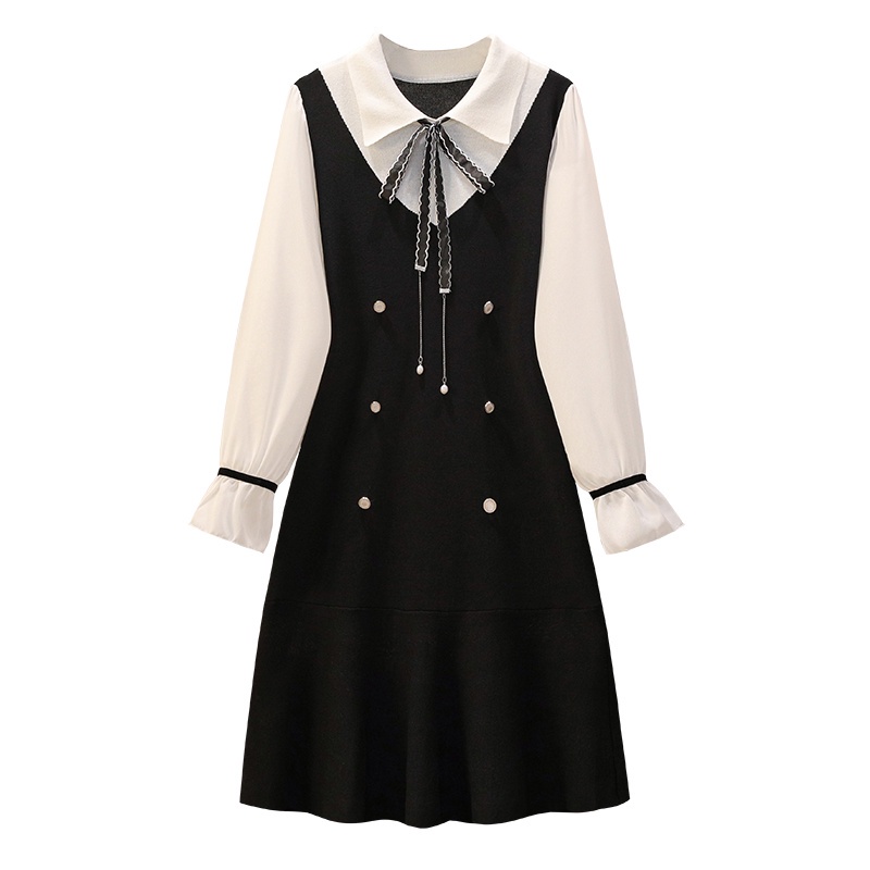 🌸Hàng Order🌸Váy Đầm Bigsize Len Dệt Kim Cổ Sơ Mi Chân Váy Đuôi Cá Thắt Nơ Cổ Tháo Rời Trẻ Trung🌸Hàng Quảng Châu