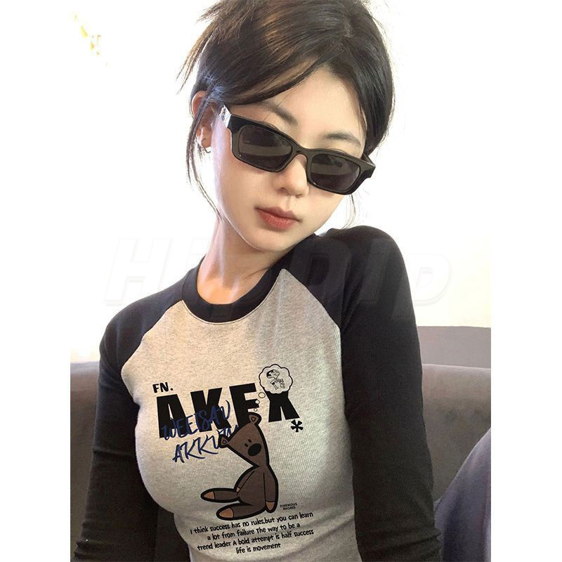 Áo baby tee  Áo Thun Tay Dài Áo croptop tay dài Cổ Tròn Dáng Ôm Phong Cách retro Mỹ Thời Trang Thu Đông Cho Nữ
