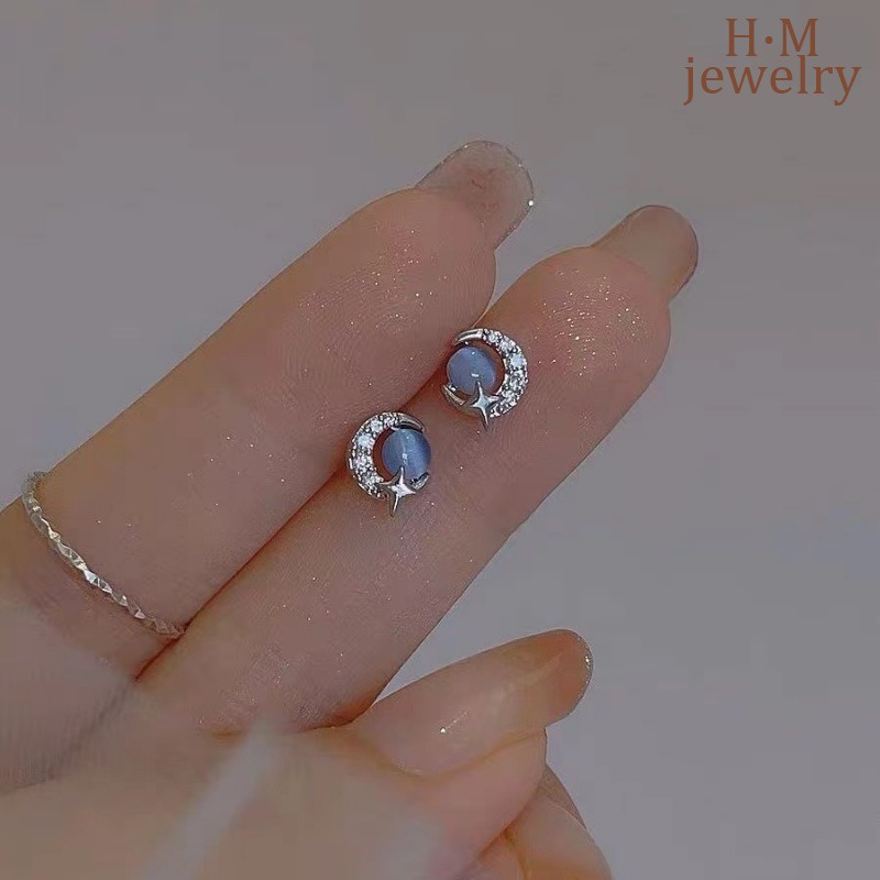 Bông Tai Hình Ngôi Sao Và Mặt Trăng Màu Xanh Dương Nhỏ Thanh Lịch Dễ Phối Đồ Thời Trang Cho Nữ