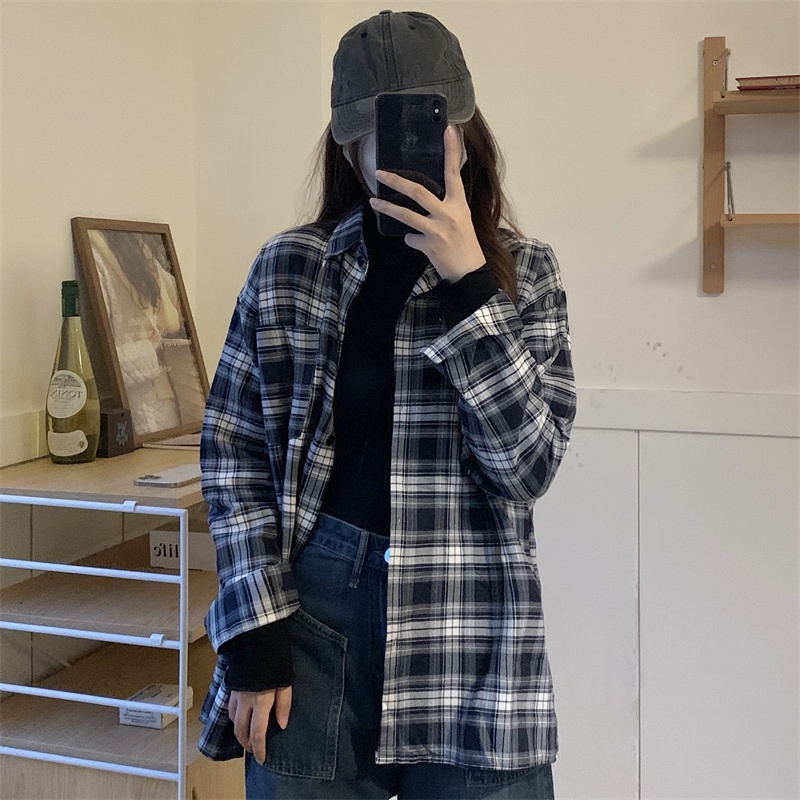 Áo Sơ Mi Nữ Dài Tay Sọc Caro Trắng Đen Thời Trang Hàn Quốc