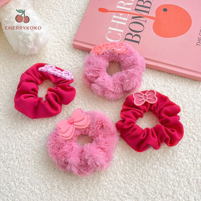 🍒🍒Cherrykoko Búp bê barbie Dây Cột Tóc Vải Lông Hình Nơ In Chữ barbie Màu Hồng Ngọt Ngào Thời Trang Hàn Quốc Cho Nữ