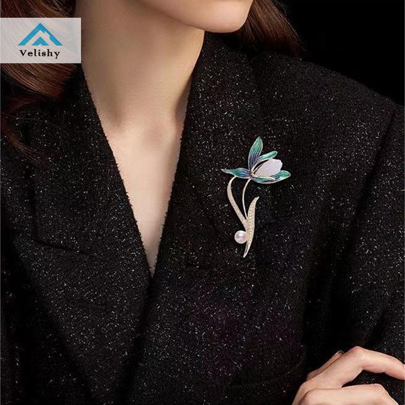 Velishy Trâm Cài Áo Hình Hoa Mộc Lan Đính Ngọc Trai Giả Cao Cấp Thời Trang Thu Đông