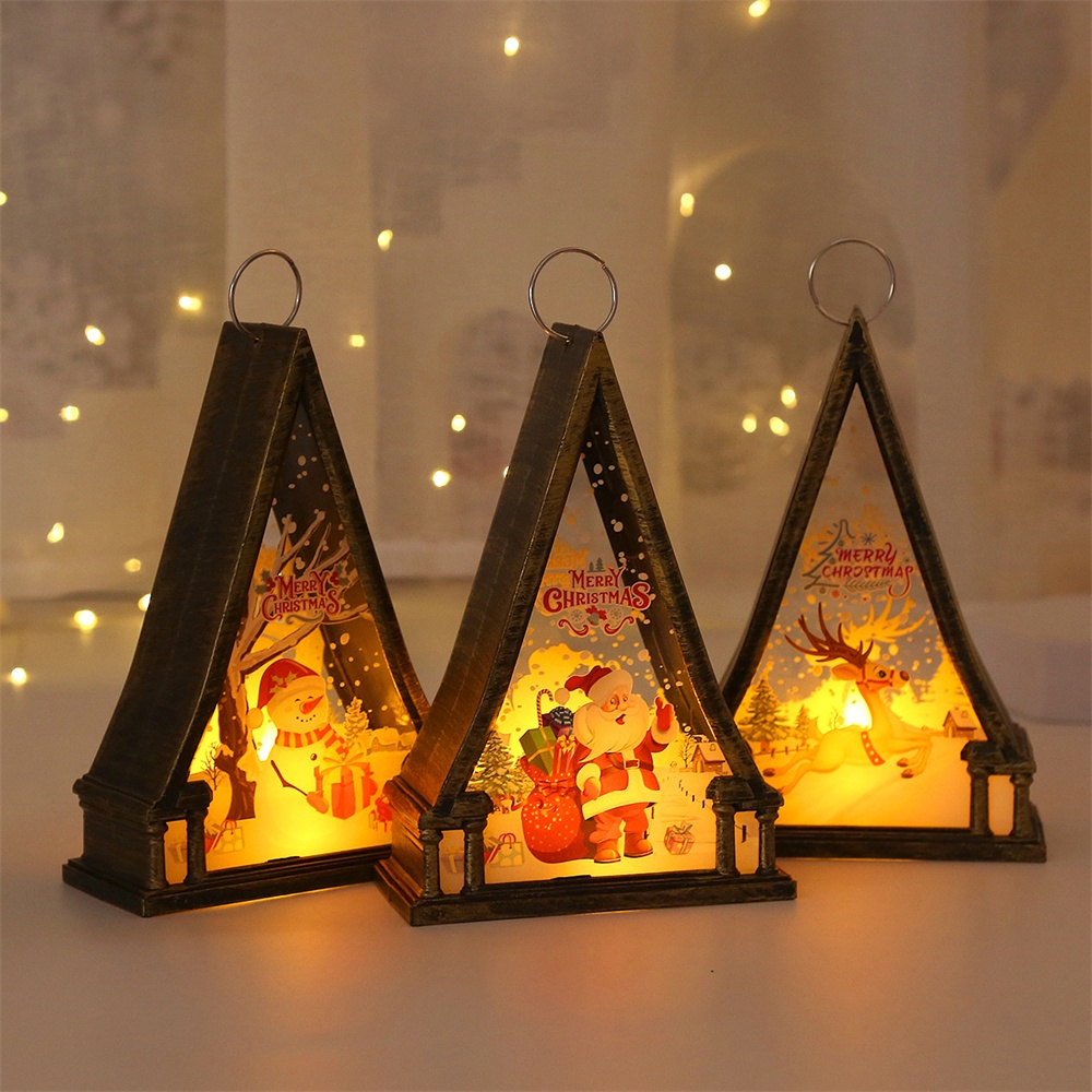 Đồ trang trí Giáng sinh Đèn ngủ LED Đèn dầu Nhà tam giác Nai sừng tấm Santa Trang trí nhà Năm mới 2023 Để trang trí cây thông Noel Quà tặng Giáng sinh hoa