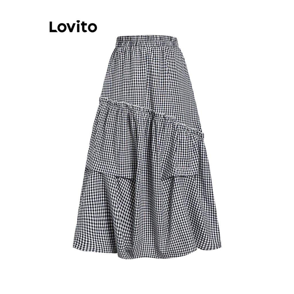 Chân váy Lovito lưng thun khống đối xứng kẻ sọc thường ngày cho nữ L61AD142 