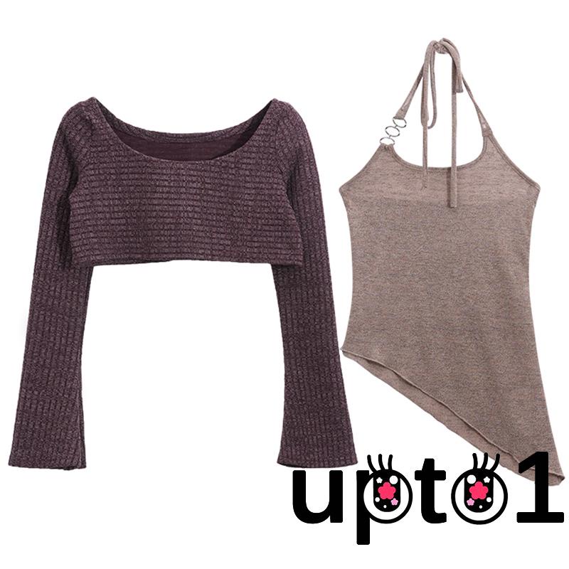 Up-áo Croptop Dệt Kim Tay Dài Hở Lưng Không Tay Cột Dây Màu Trơn Cho Nữ