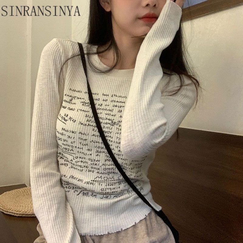Sinransinya Áo Thun Tay Dài Hở Vai In Chữ Phong Cách Ngọt Ngào Thời Trang Mùa Thu Cho Nữ