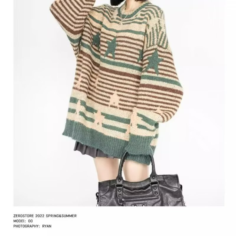 Áo sweater Chui Đầu Dáng Rộng Kẻ Sọc Ngang Phối Hình Ngôi Sao Kiểu retro Mỹ Thời Trang Thu Đông Cho Nam Và Nữ
