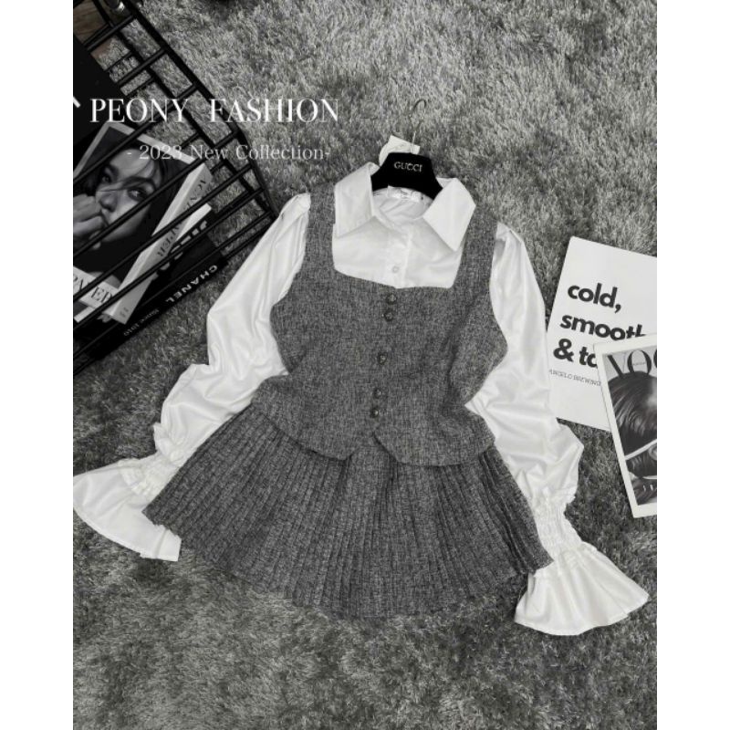 Set áo sơmi trắng tay loe mix gile kèm chân váy dạ phẩy trẻ trung nữ tính