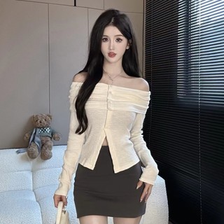 Áo sweater Trễ Vai Tay Dài Dáng Ôm Phong Cách Pháp Cổ Điển Thời Trang Quyến Rũ Cho Nữ