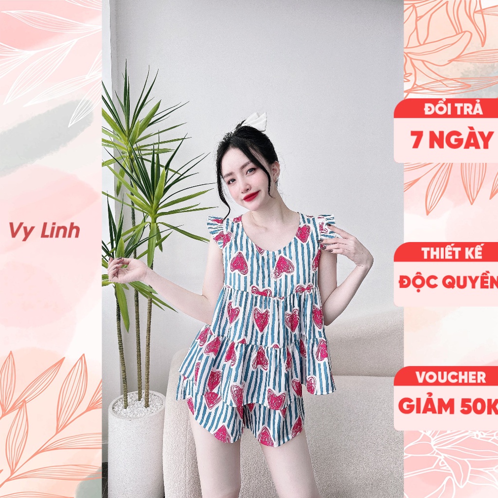 Bộ đồ ngủ đùi Vy Linh chất liệu lụa latin dáng tay bèo thoáng mát, thấm hút mồ hôi tốt chống nhăn, bai nhão S1063
