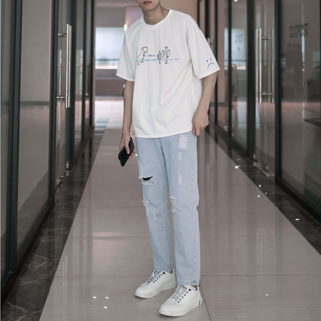 Quần jeans nam nữ rách dáng baggy suông màu xanh trắng nhạt mài rách xước gối đùi đẹp Pon.mens