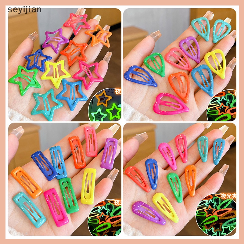 Set 10 Kẹp Tóc Kim Loại Hình Ngôi Sao / Trái Tim Màu Sắc Ngọt Ngào Cho Bé Gái