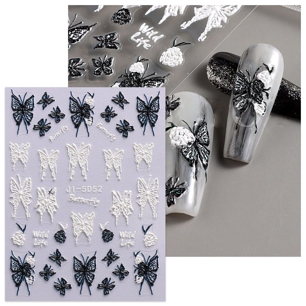 Hama Đề Can 5d Nổi Hình Hoa Hồng Và Bướm Màu Trắng Đen retro Trang Trí Móng Tay