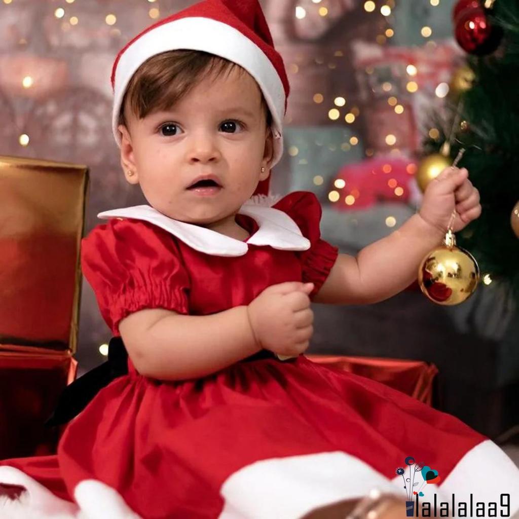 La-hộ Đầm Chữ a Tay Ngắn Cổ Búp Bê Màu Đỏ Kèm Thắt Lưng Và Mũ Giáng Sinh Cho Bé Gái