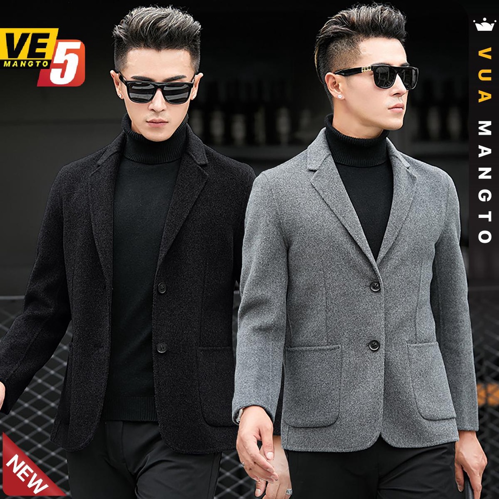 VE5 Áo Khoác Dạ Nam Ngắn, Áo Blazer Hàn Quốc 2 Lớp Lửng Dạ Ép Đen, Xám Cao Cấp – Tặng Nước Hoa