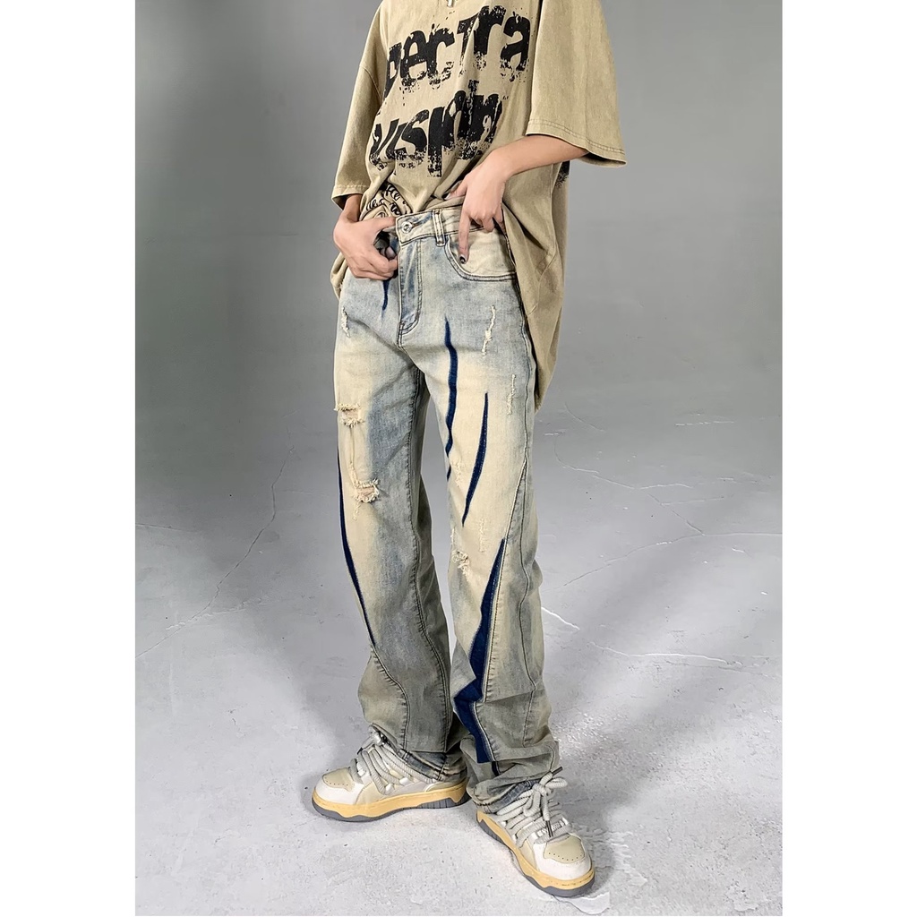 Quần Jean Dài Dáng Rộng Rách Gối Màu Vàng Thời Trang Thu Đông Phong Cách hip hop Hàn Quốc Cho Cặp Đôi