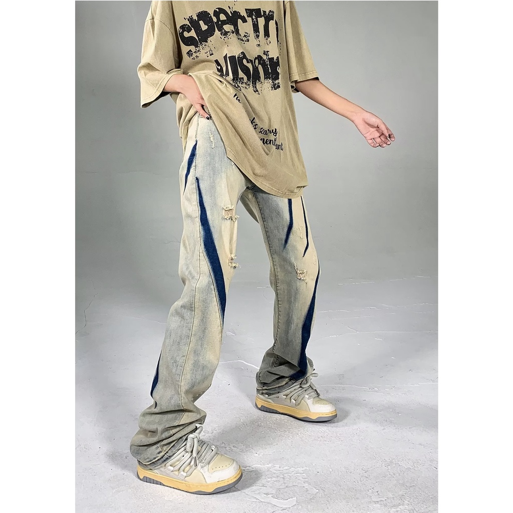 Quần Jean Dài Dáng Rộng Rách Gối Màu Vàng Thời Trang Thu Đông Phong Cách hip hop Hàn Quốc Cho Cặp Đôi