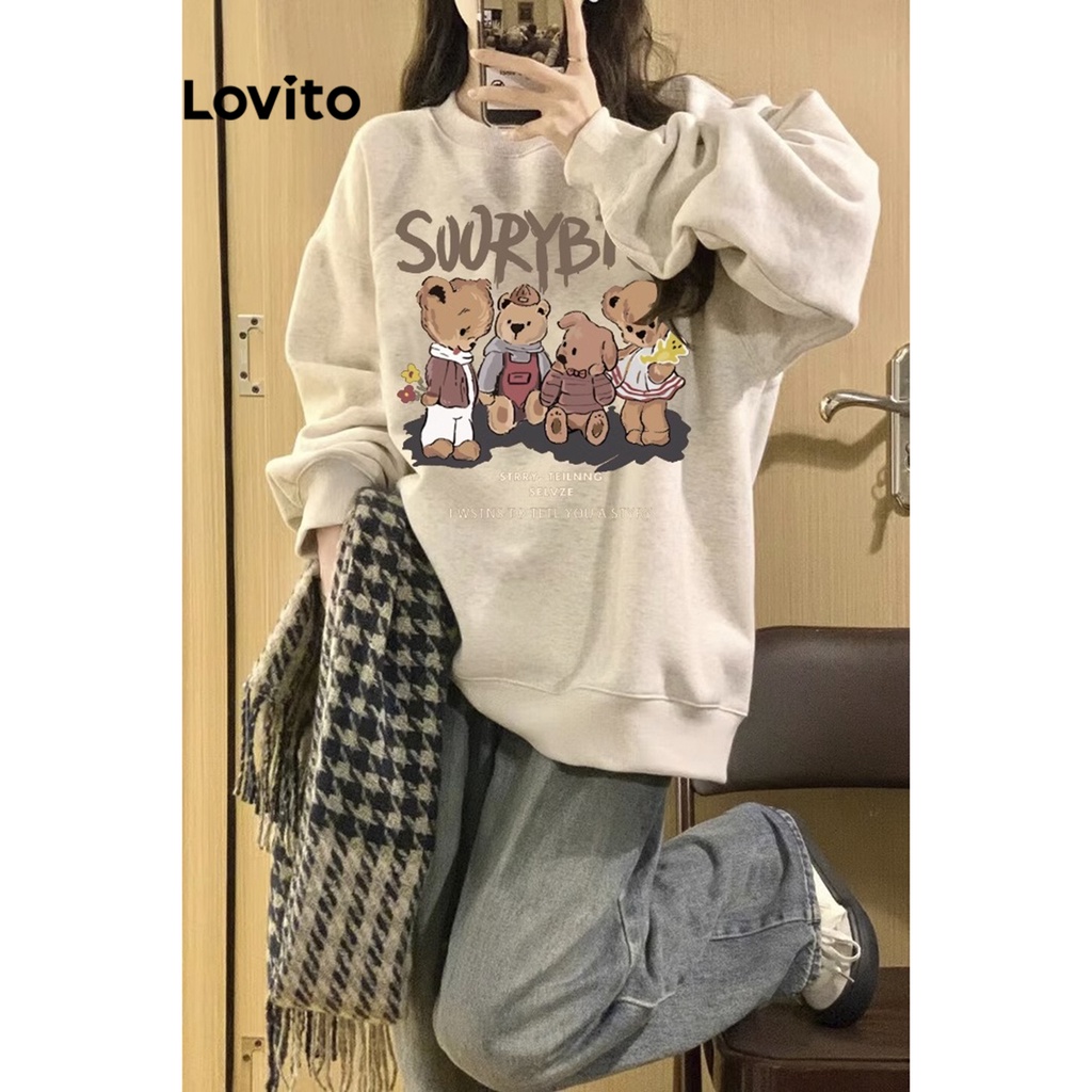 Lovito Áo nỉ gấu dài tay hoạt hình thông thường dành cho nữ LNE27027