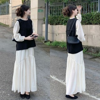 Set áo vest màu trơn và đầm tay dài thời trang thanh lịch cho nữ